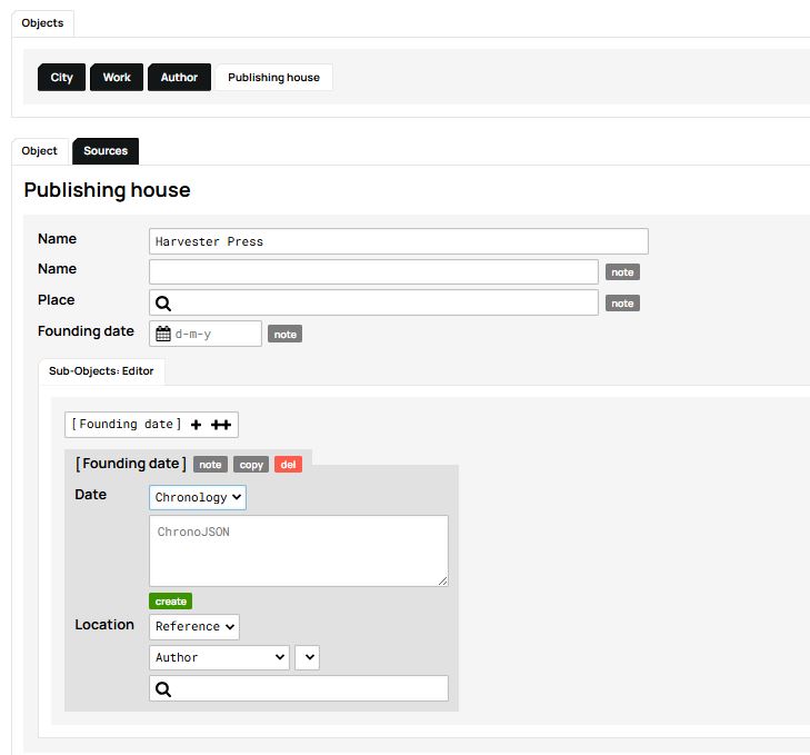 Under the object 'Publishing house', there is the 'Founding date' sub-tab which is used to create a 'Chronology' for the 'Date'