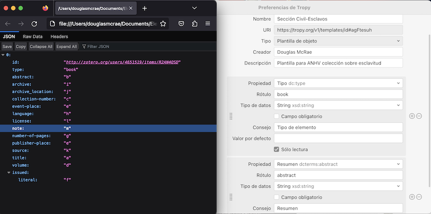 Dos ventanas: uno de Firefox mostrando los componentes de un archivo CSL JSON exportado de Zotero, y el otro del editor de plantilla de Tropy, mostrando los parámetros de diferentes propiedades de metadatos