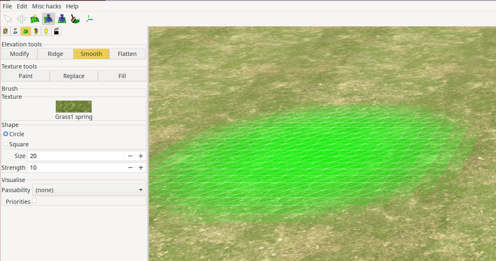 I have the 'Terrain' settings menu open with the 'Smooth' tool selected, for which I have the size set to 20, and I am working my way around the terrain to achieve smoothing.