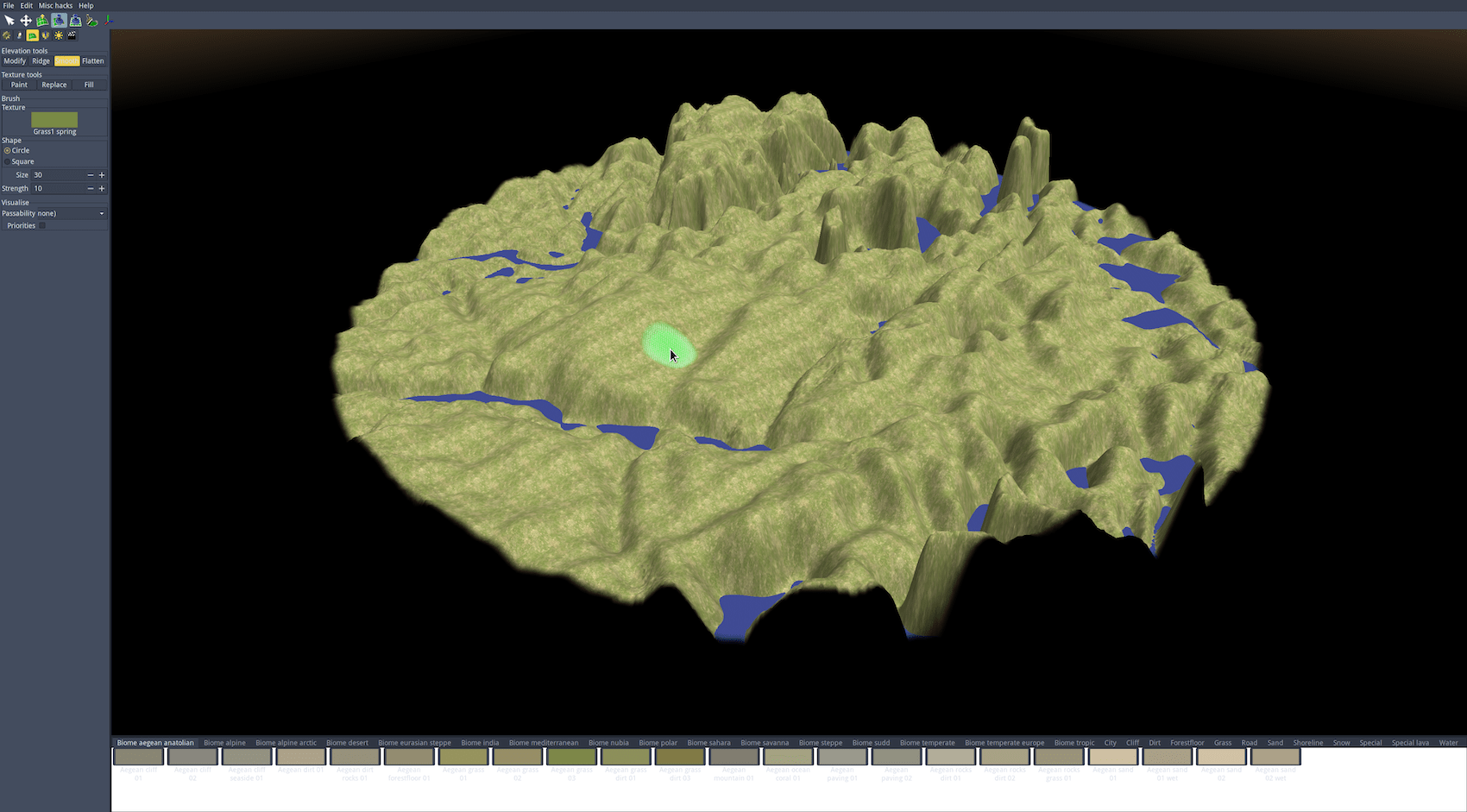 Topographical map of Mont Beuvray in Atlas. Water has been added in lower elevations and the terrain is starting to be smoothed. The terrain as a whole is approaching a playable match with its real-world counterpart.