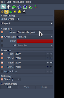 Adjusting the default player settings in Atlas's Player tab, specifically assigning the name 'Caesar's Legions' to the Roman civilization, assigning that civilization to Player 2 and Team 2, and giving 2000 of each resource to that civilization at the start of the game. Each of these things is available as an easy option inside the Player tab.